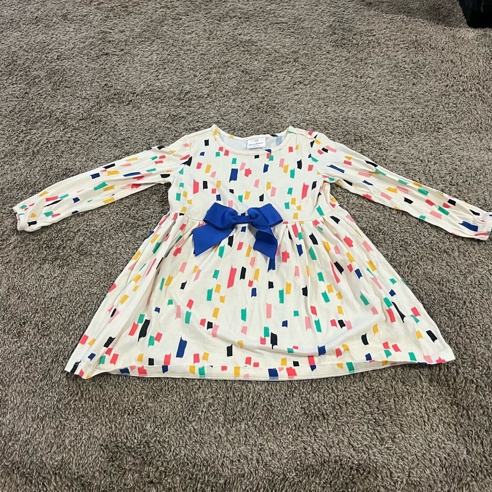 Hanna Andersson Rainbow Confetti Swirl Dress with Blue Bow